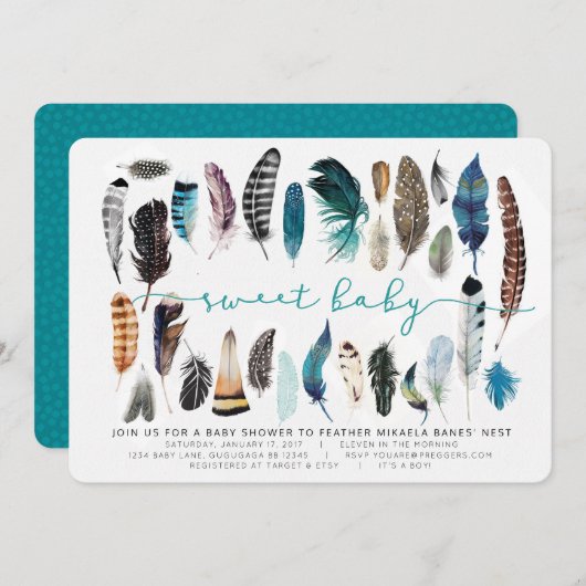 Invitation Baby shower Boho Feather (Devant / Derrière)