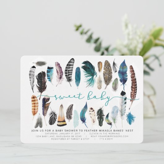 Invitation Baby shower Boho Feather (Debout devant)