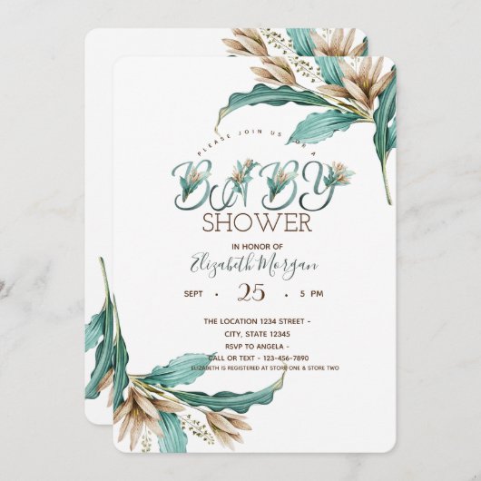 Invitation Baby shower Boho Feuilles d'aquarelle (Devant / Derrière)