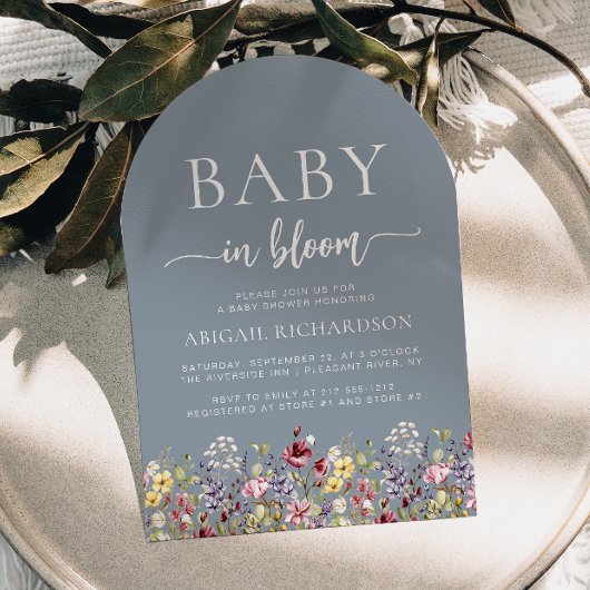 Invitation Baby shower Boho Fleur sauvage Dusty Blue Arch