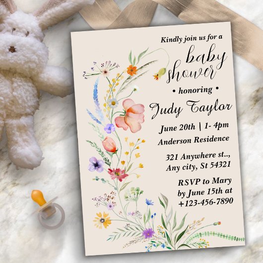Invitation Baby shower Boho Fleur sauvage moderne