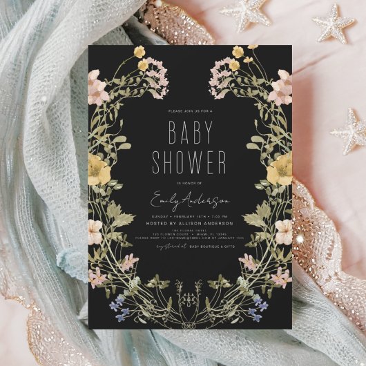 Invitation Baby shower Boho Fleur sauvage noir Élégant modern
