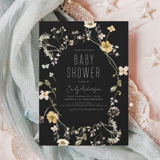 Invitation Baby shower Boho Fleur sauvage noir Élégant modern