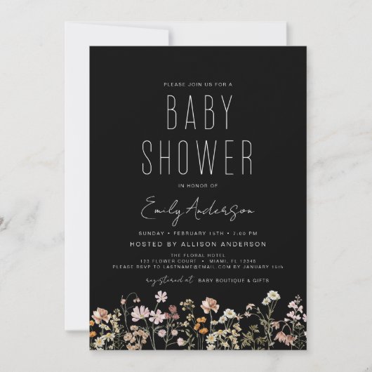 Invitation Baby shower Boho Fleur sauvage noir Élégant modern (Devant)