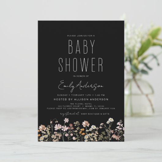 Invitation Baby shower Boho Fleur sauvage noir Élégant modern (Debout devant)