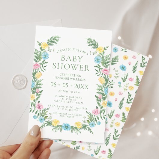 Invitation Baby shower boho fleur sauvage rose pâle