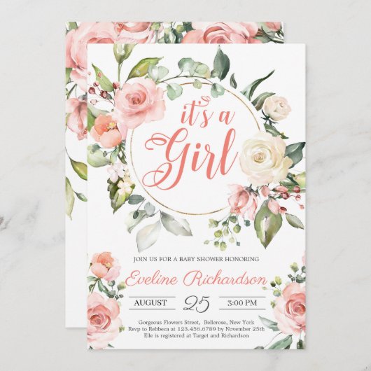 Invitation Baby shower boho fleuri (Devant / Derrière)