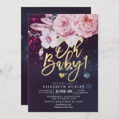 Invitation Baby Shower Boho Floral Feather Violet Bokeh Lumiè (Devant / Derrière)