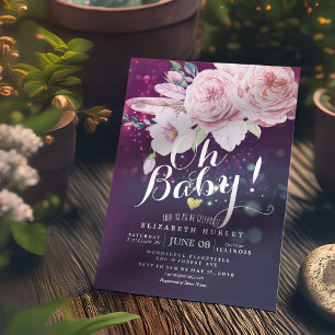Invitation Baby shower Boho Floral Plumes violet Bokeh Lumièr