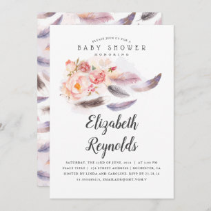 Invitation Baby shower Boho Floral Watercolor Feathers