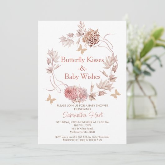 Invitation Baby shower Boho Floral Wreath Butterfly Kisses (Debout devant)
