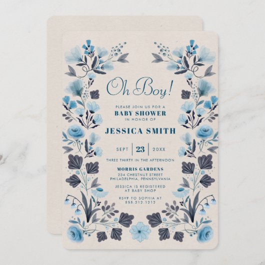 Invitation Baby shower Boho Folk Blue Boy moderne (Devant / Derrière)