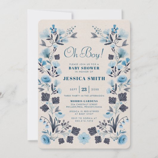 Invitation Baby shower Boho Folk Blue Boy moderne (Devant)