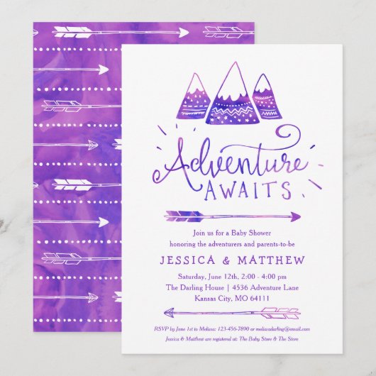 Invitation Baby shower Boho Girl "Adventure Await" (Devant / Derrière)
