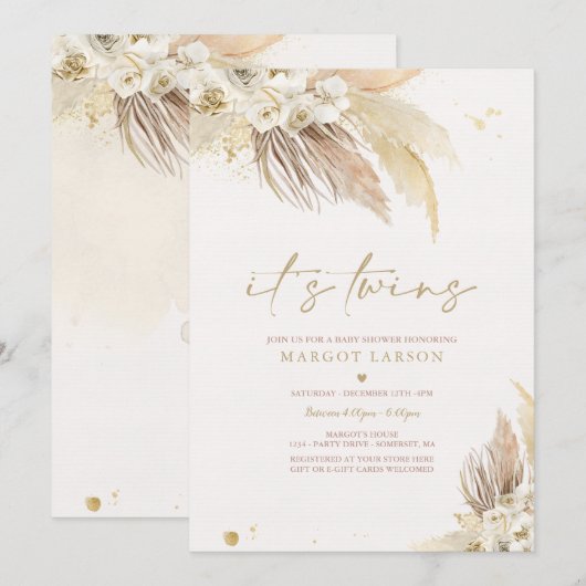 Invitation Baby shower Boho Grass Pampas Twin Neutre Genre (Devant / Derrière)