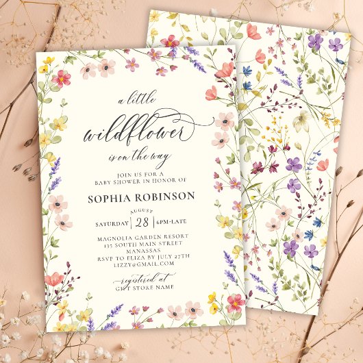 Invitation Baby shower Boho Little Fleur sauvage Chic Script