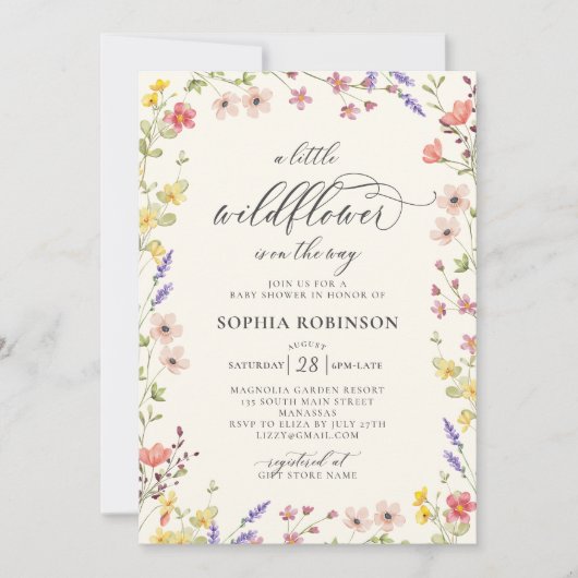 Invitation Baby shower Boho Little Fleur sauvage Chic Script (Devant)