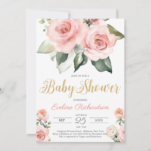 Invitation baby shower boho luxuriant fleuri et doré (Devant)