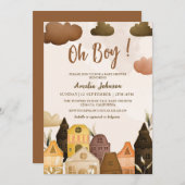 Invitation Baby shower boho marron moderne Oh boy (Devant / Derrière)