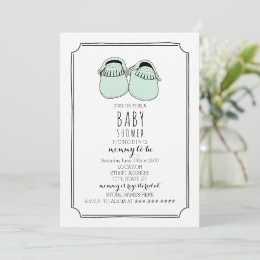 Invitation Baby shower Boho Mocasins Vert Mint (Debout devant)