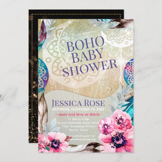 Invitation Baby shower Boho Moon Mama (Devant / Derrière)