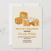 Invitation Baby shower Boho Neutral Wood Block Lettres (Devant)