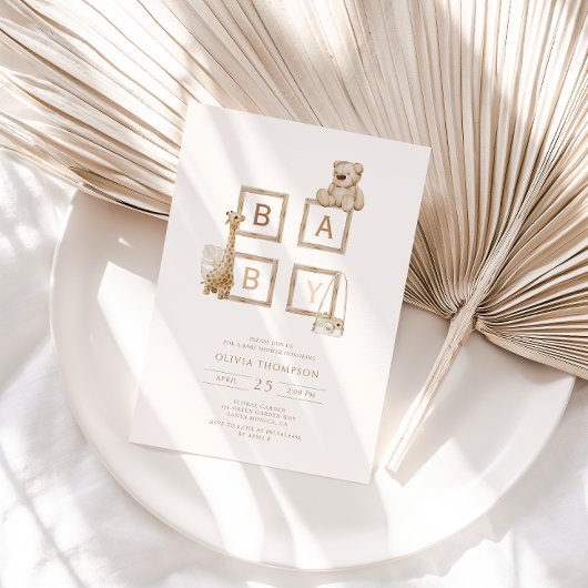 Invitation Baby shower Boho Neutral Wood Block Lettres