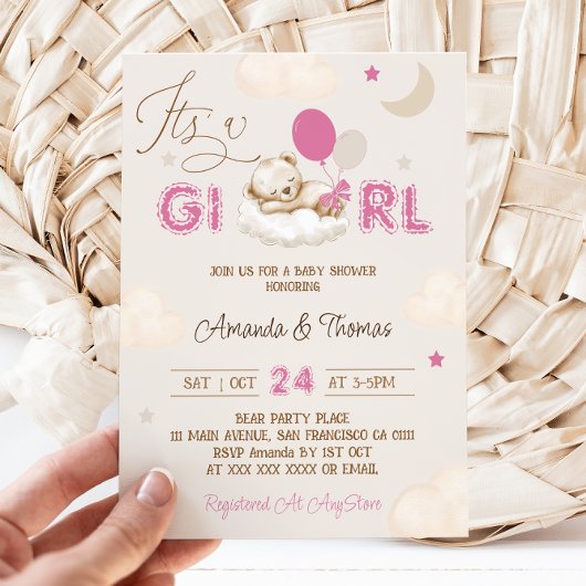 Invitation Baby shower Boho Ours Rose