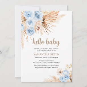 Invitation Baby shower Boho Pampas Grass bleu