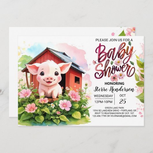 Invitation Baby shower Boho Piggy's Pink Paradise (Devant / Derrière)
