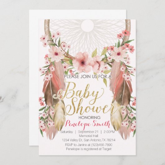 Invitation Baby shower Boho Pink Gold Dreamcatcher (Devant / Derrière)