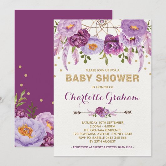 Invitation Baby shower Boho Purple Floral Dreamcatcher (Devant / Derrière)