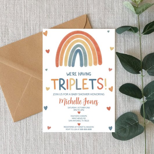 Invitation Baby shower Boho Rainbow Triplets