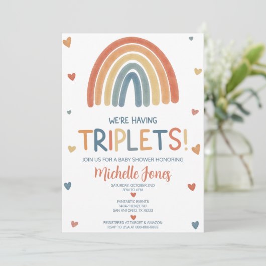 Invitation Baby shower Boho Rainbow Triplets (Debout devant)