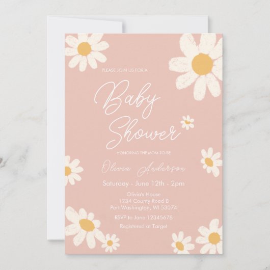 Invitation Baby shower Boho Rétro Rose Daisy (Devant)