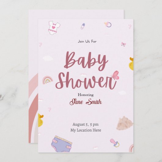 Invitation Baby shower Boho Rose (Devant / Derrière)