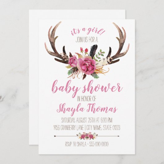 Invitation Baby shower Boho Rose Antler (Devant / Derrière)