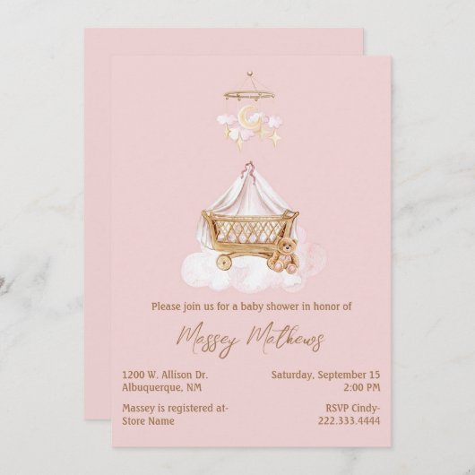 Invitation Baby shower Boho rose et Brown (Devant / Derrière)