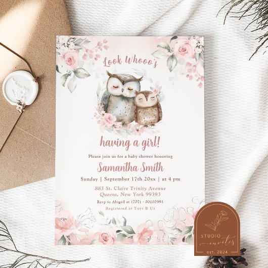 Invitation Baby shower Boho Rose Floral Owl