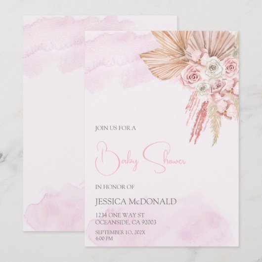 Invitation Baby shower boho rose vif (Devant / Derrière)