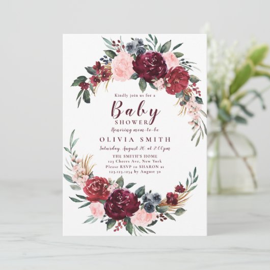 Invitation Baby shower boho rustique bordeaux (Debout devant)