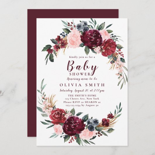 Invitation Baby shower boho rustique bordeaux (Devant / Derrière)