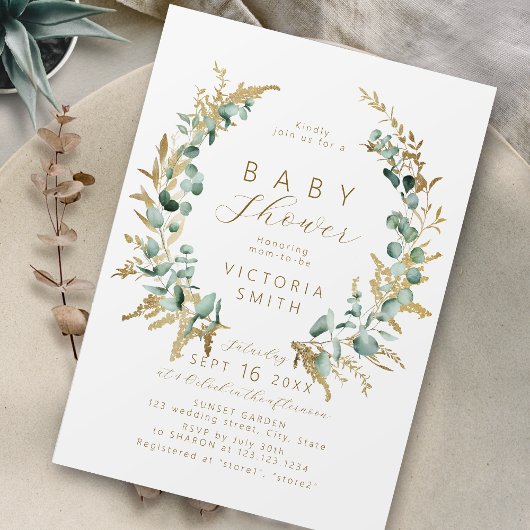 Invitation Baby shower boho rustique en or eucalyptus
