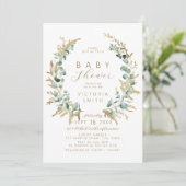 Invitation Baby shower boho rustique en or eucalyptus (Debout devant)