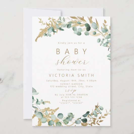 Invitation Baby shower boho rustique en or eucalyptus (Devant)