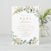 Invitation Baby shower boho rustique en or eucalyptus (Debout devant)