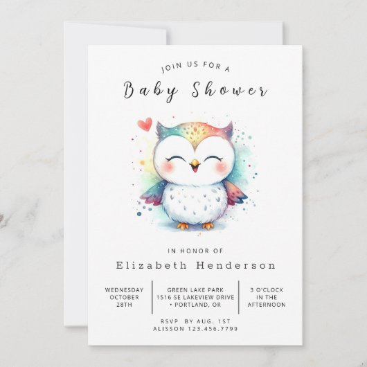 Invitation Baby shower Boho Simple Owl (Devant)