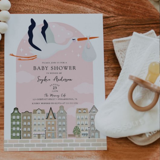 Invitation Baby shower Boho Stork Livraison Spéciale Saupoudr