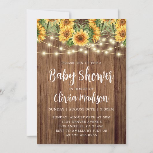 Invitation Baby shower Boho Sunflower String Lights (Devant)
