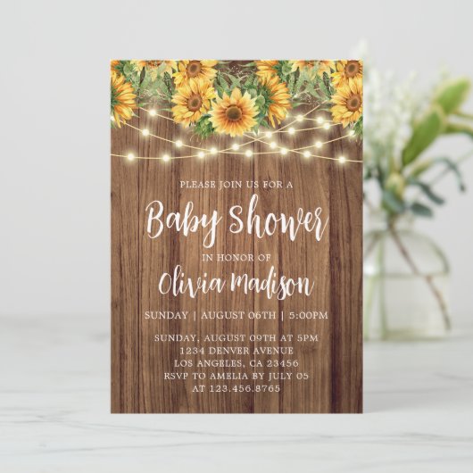 Invitation Baby shower Boho Sunflower String Lights (Debout devant)